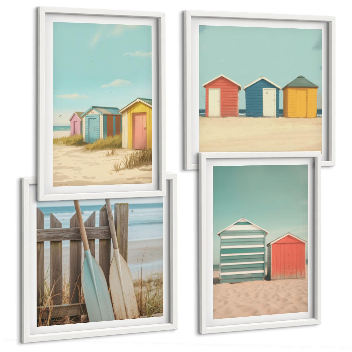 BILDER SET 4er Set - 50x50 cm & 40x60 cm Weißer Rahmen - Bunte Strandhäuser - Weiß, Kunststoff (50/50cm) - TULUP