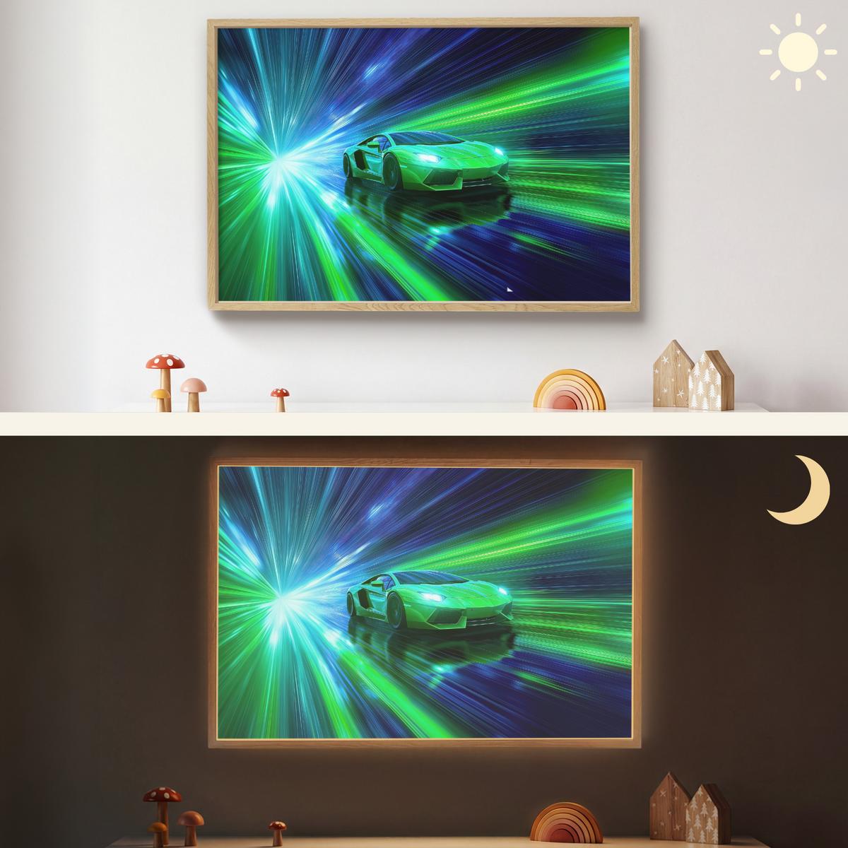 WANDLEUCHTE MIT AKKU Geschwindigkeit - Leicht - Sportwagen - Grün 100x70 cm - Grün, Holzwerkstoff (100/70/8cm) - OnlyWow