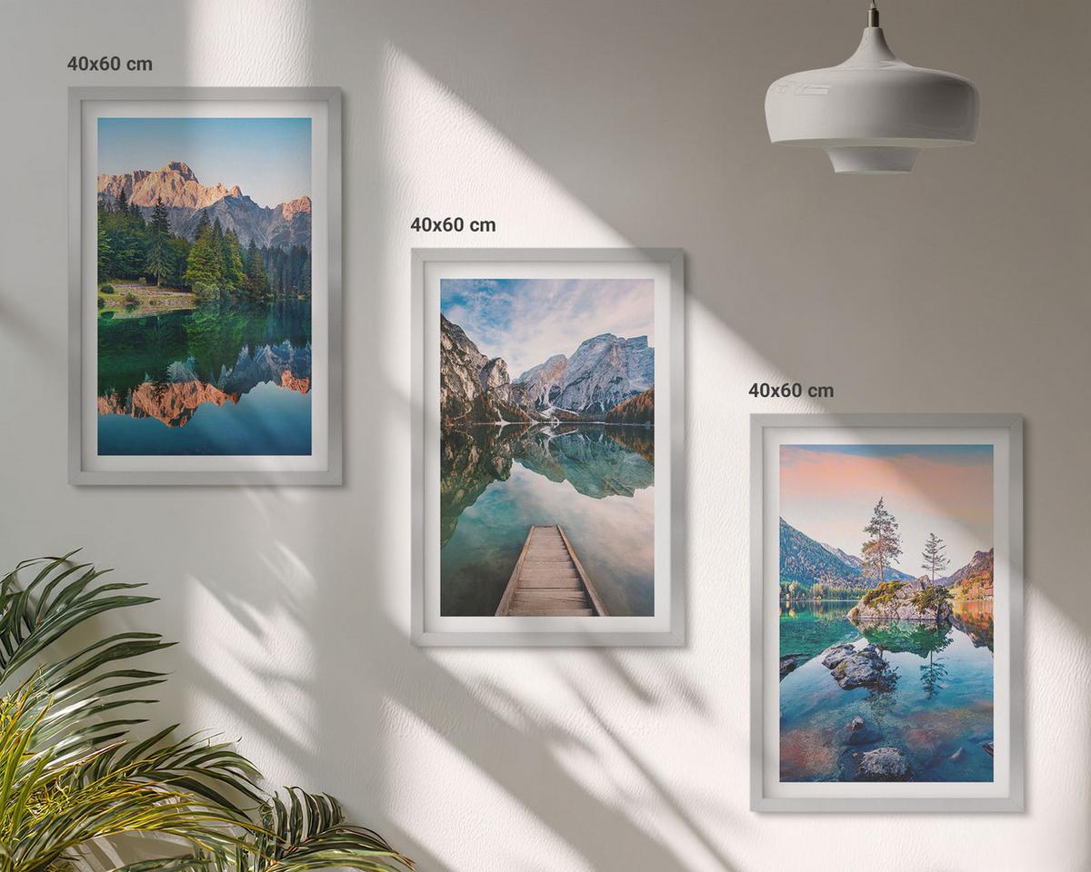 BILDER SET 3er Set - 40x60 cm Silberner Rahmen - Spiegelung des Waldes in Bergseen - Silberfarben, Kunststoff (40/60cm) - TULUP