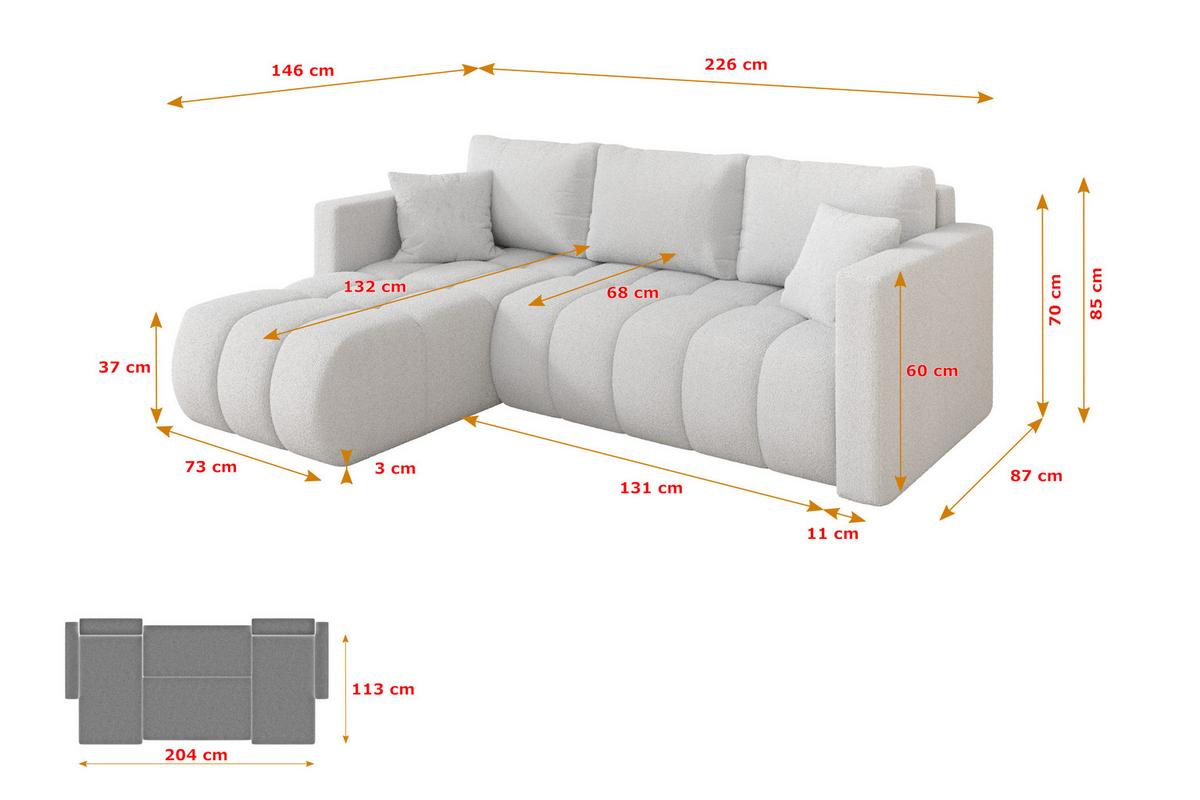 ECKSOFA mit Schlaffunktion Ottomane Links GARD-L 226x146x85 Weiß Bouclé - Schwarz/Weiß, Holzwerkstoff/Kunststoff (226/146cm) - ALTDECOR