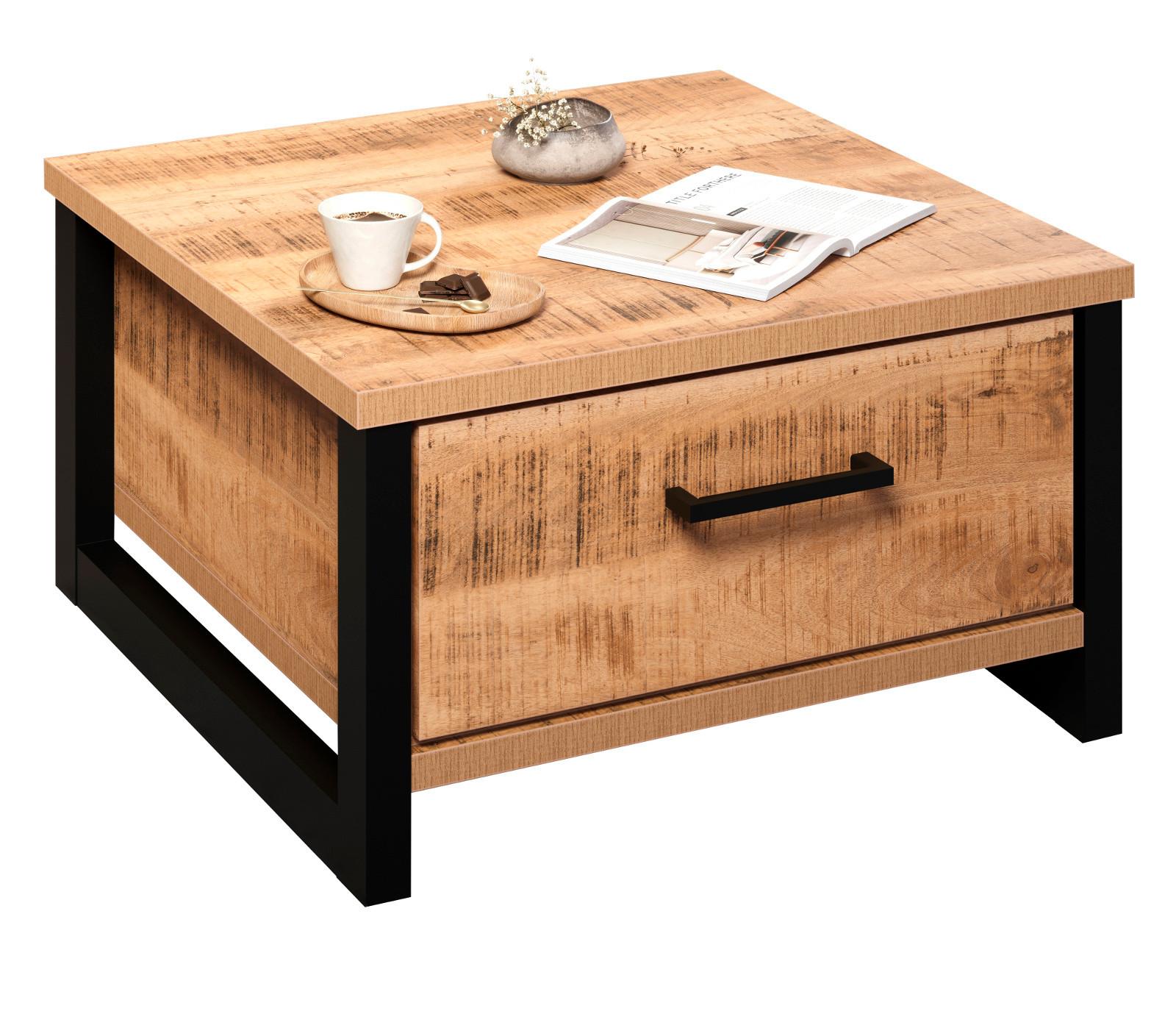 COUCHTISCH Mango, schwarz quadratisch 80 x 80 cm, Beistelltisch mit zwei Schubladen - Schwarz/Naturfarben, Holzwerkstoff/Kunststoff (80/80/45cm) - Top.Furn