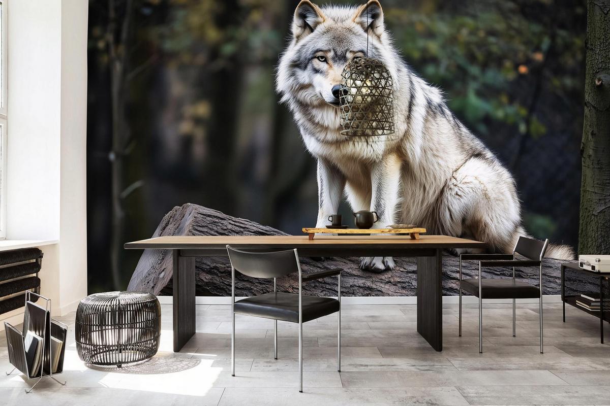 FOTOTAPETE Wolf 3D Effekt Wald Wohnzimmer Vlies Tapete 250x175 - Grau, Papier (250/175cm) - Wallarena