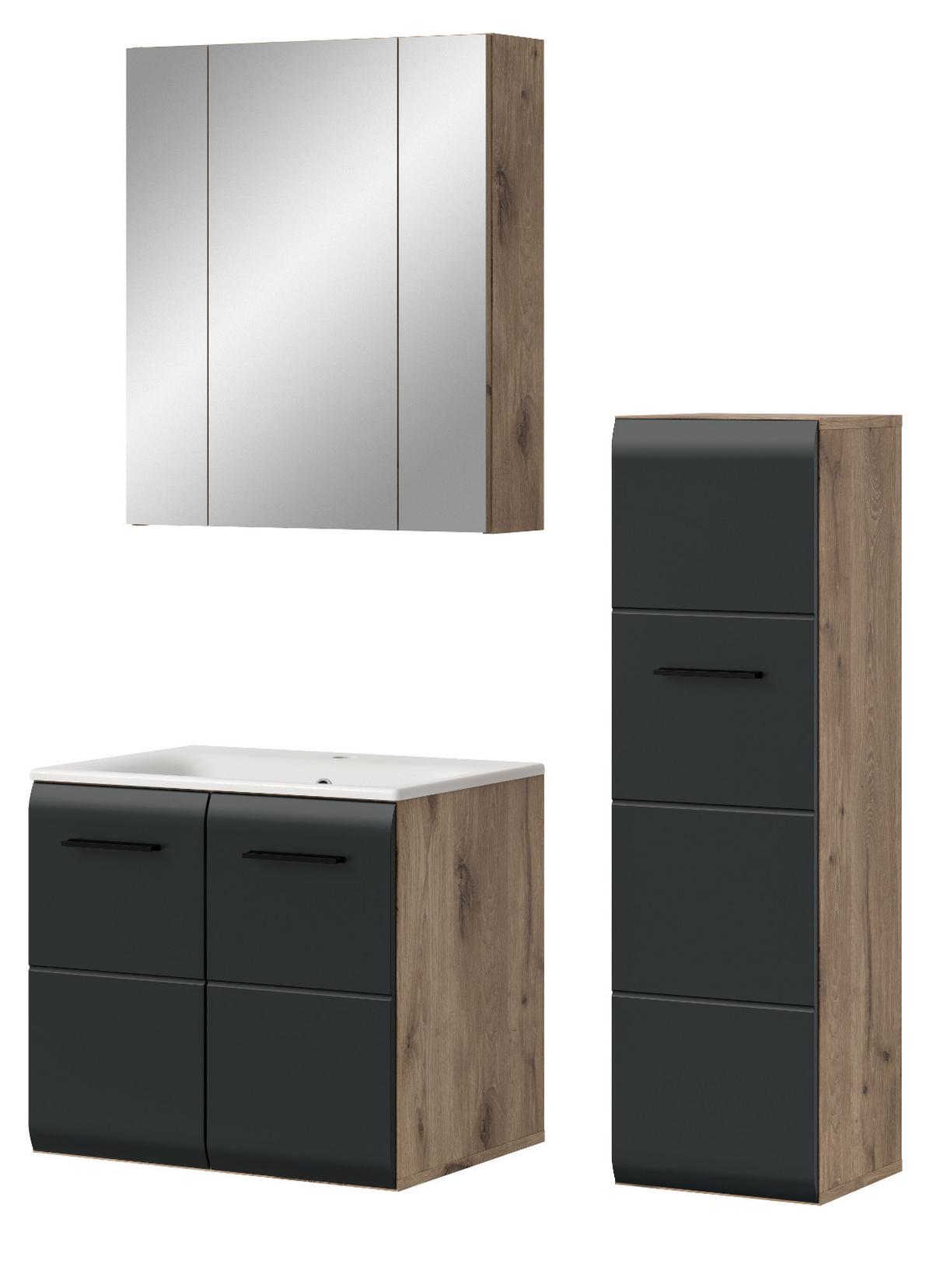 BADMÖBEL-SET 3-teilig Schwarz matt und Eiche, Badezimmer Komplett-Set mit Waschbecken, 105 x 185 cm - Eichefarben/Schwarz, Glas/Keramik (105/185/46cm) - Inn.Furn