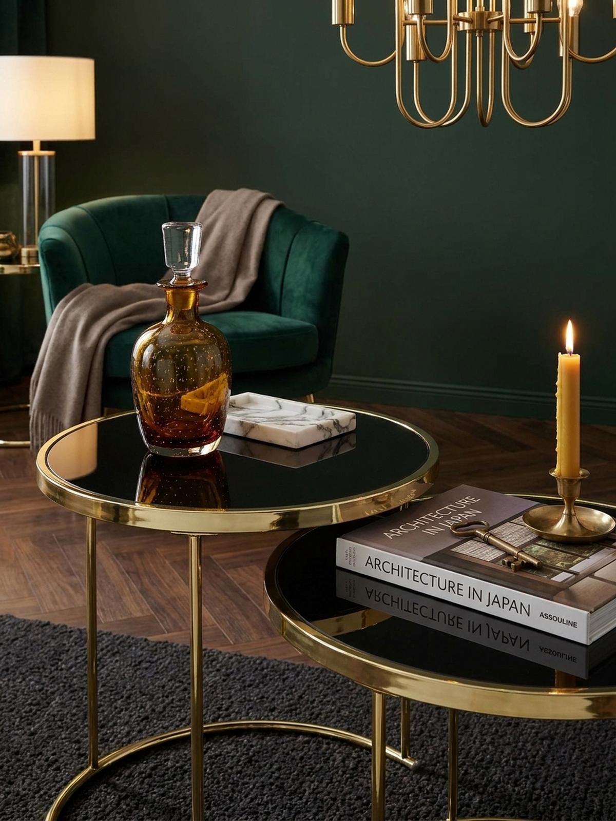 SATZTISCH Set – 2-teilig Metall Hochglanz schwarzes Glas 50/42 cm - Goldfarben/Schwarz, Glas/Metall (50/50/50cm) - KADIMA DESIGN