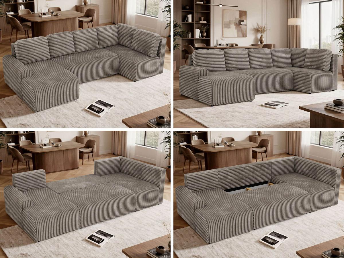 WOHNLANDSCHAFT NESSARO COR U Hellbraun Cord - Rechts Seite - Hellbraun/Schwarz, Kunststoff/Textil (151/92/307cm) - MKS