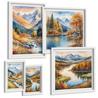 BILDER SET 5er Set - 50x50 cm & 20x30 cm & 40x60 cm Weißer Rahmen - Berglandschaft, Flusshütten - Weiß, Kunststoff (40/60cm) - TULUP