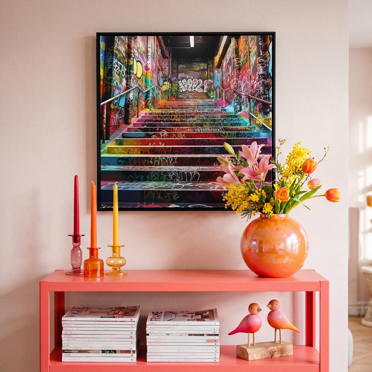 LEINWAND Bilder mit Rahmen - Treppe - Graffiti - Farben - Kunst - 50x50 - Multicolor, Textil (50/50cm) - MuchoWow