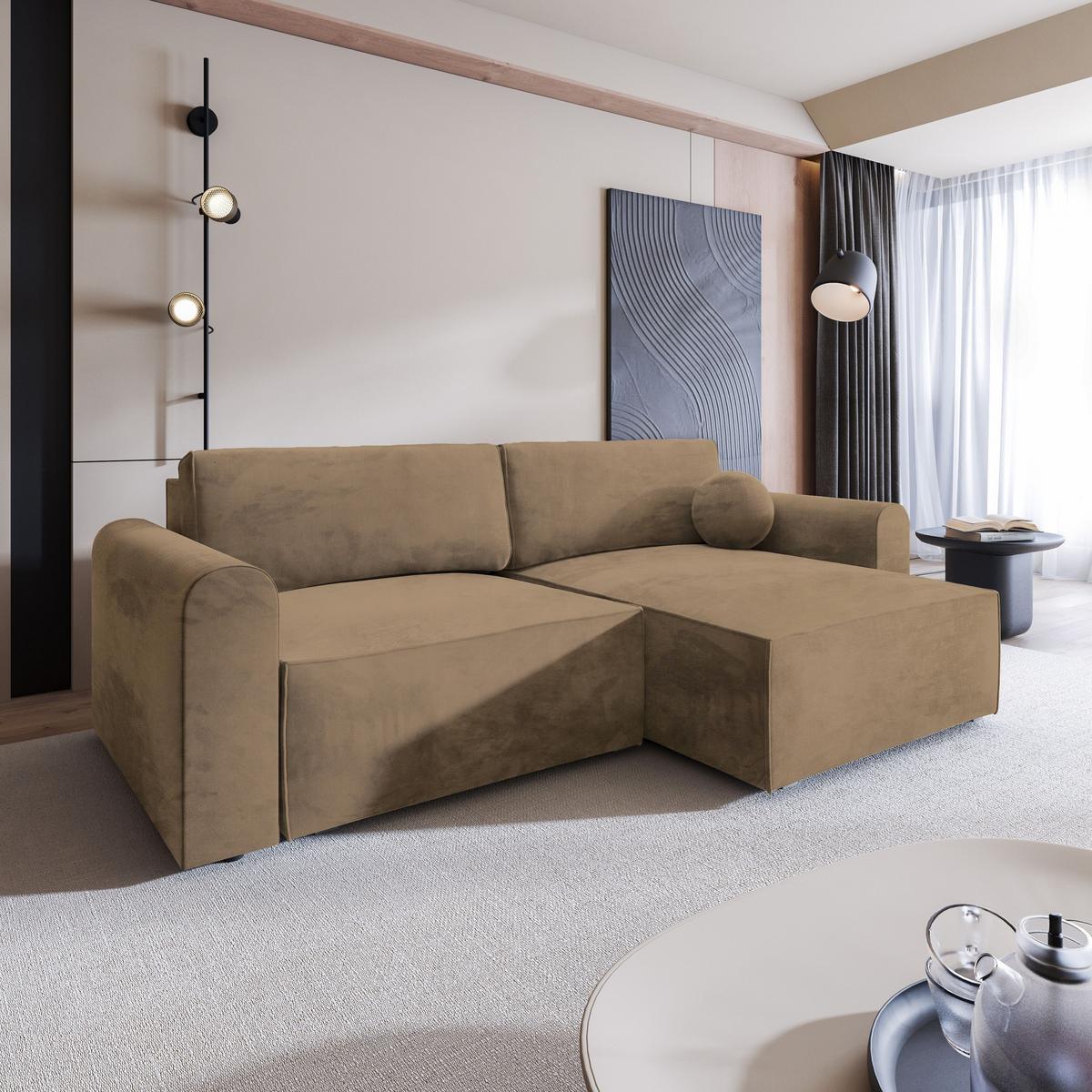 ECKSOFA FIANO M Beige Velours-Stoff mit Schlaffunktion - Beige/Grau, Holz/Kunststoff (245/148cm) - MASSENO