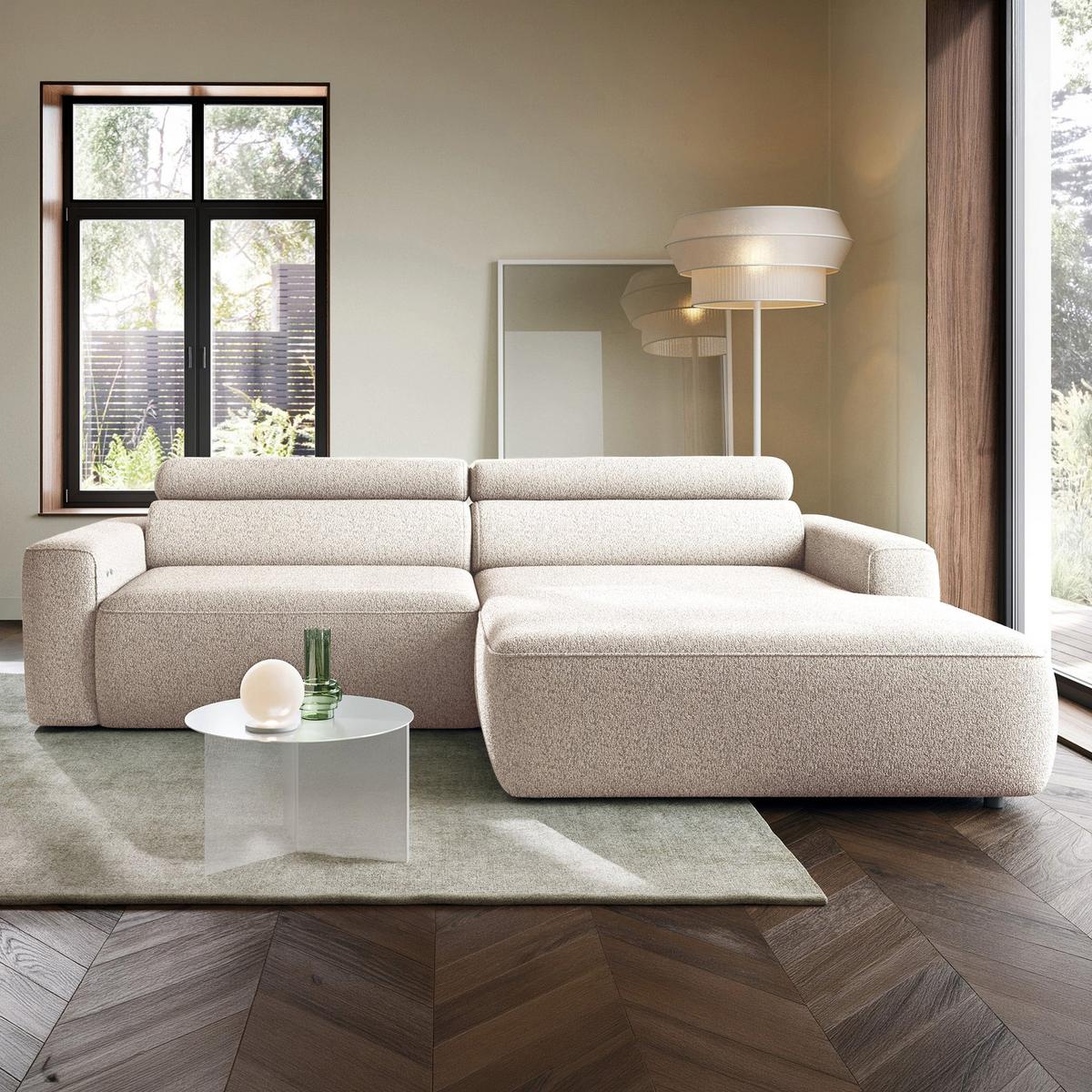 ECKSOFA Fando mit Schlaffunktion, L-Form, 4-Sitzer 252 cm, rechts Flechtstoff Hellbeige - Ecru/Schwarz, Holz/Kunststoff (182/252cm) - Selsey