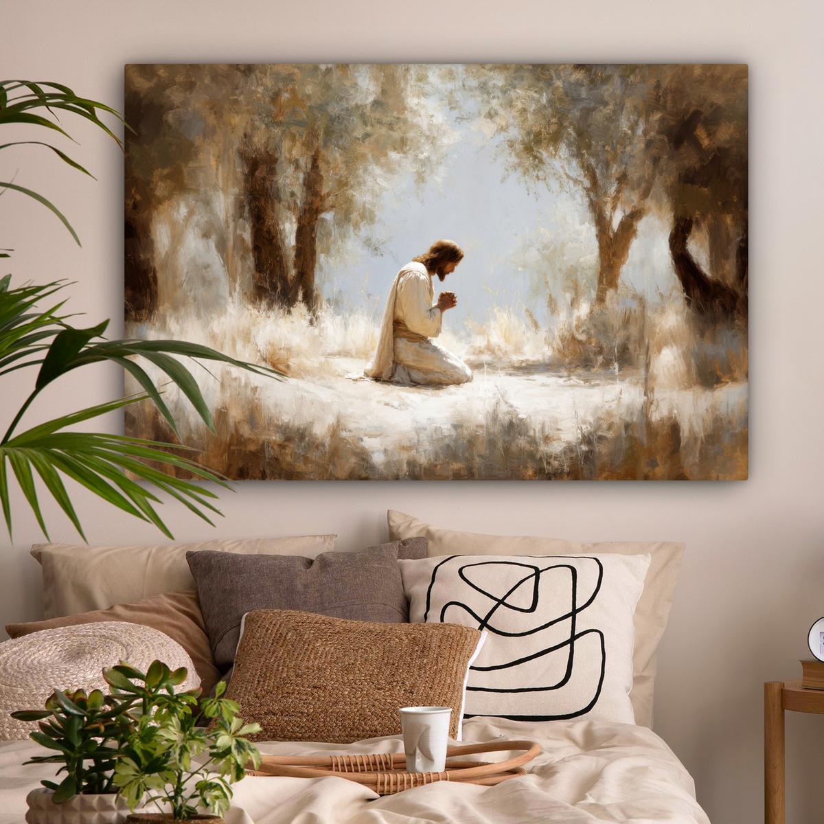 LEINWANDBILD Jesus - Kniend - Waldlandschaft - Betend Groß 140x90 cm - Beige/Hellblau, Textil (140/90cm) - MuchoWow