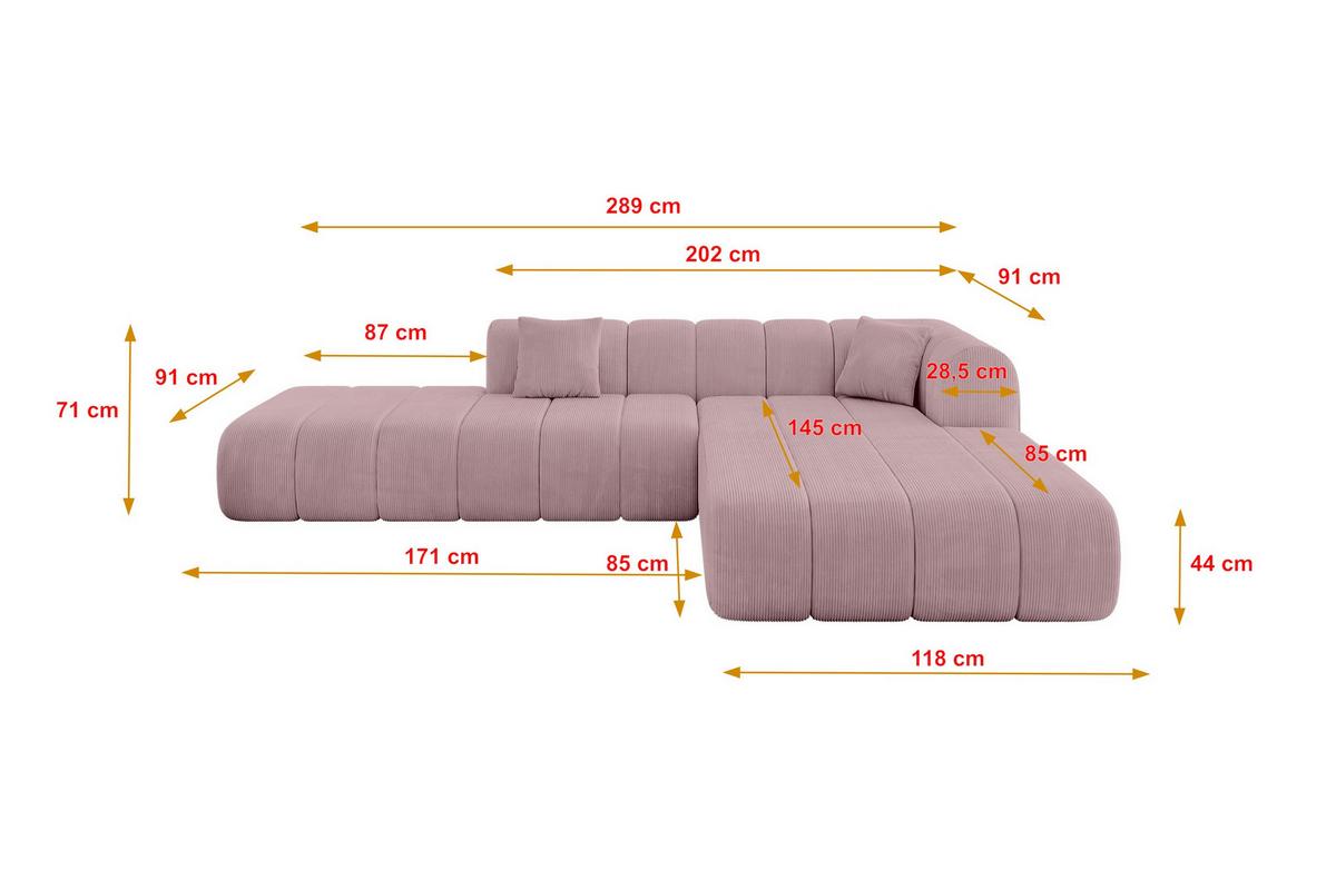 ECKSOFA Ottomane Rechts BILA-L 289x176x71 Rosa Cord - Schwarz/Rosa, Holzwerkstoff/Kunststoff (289/176cm) - ALTDECOR