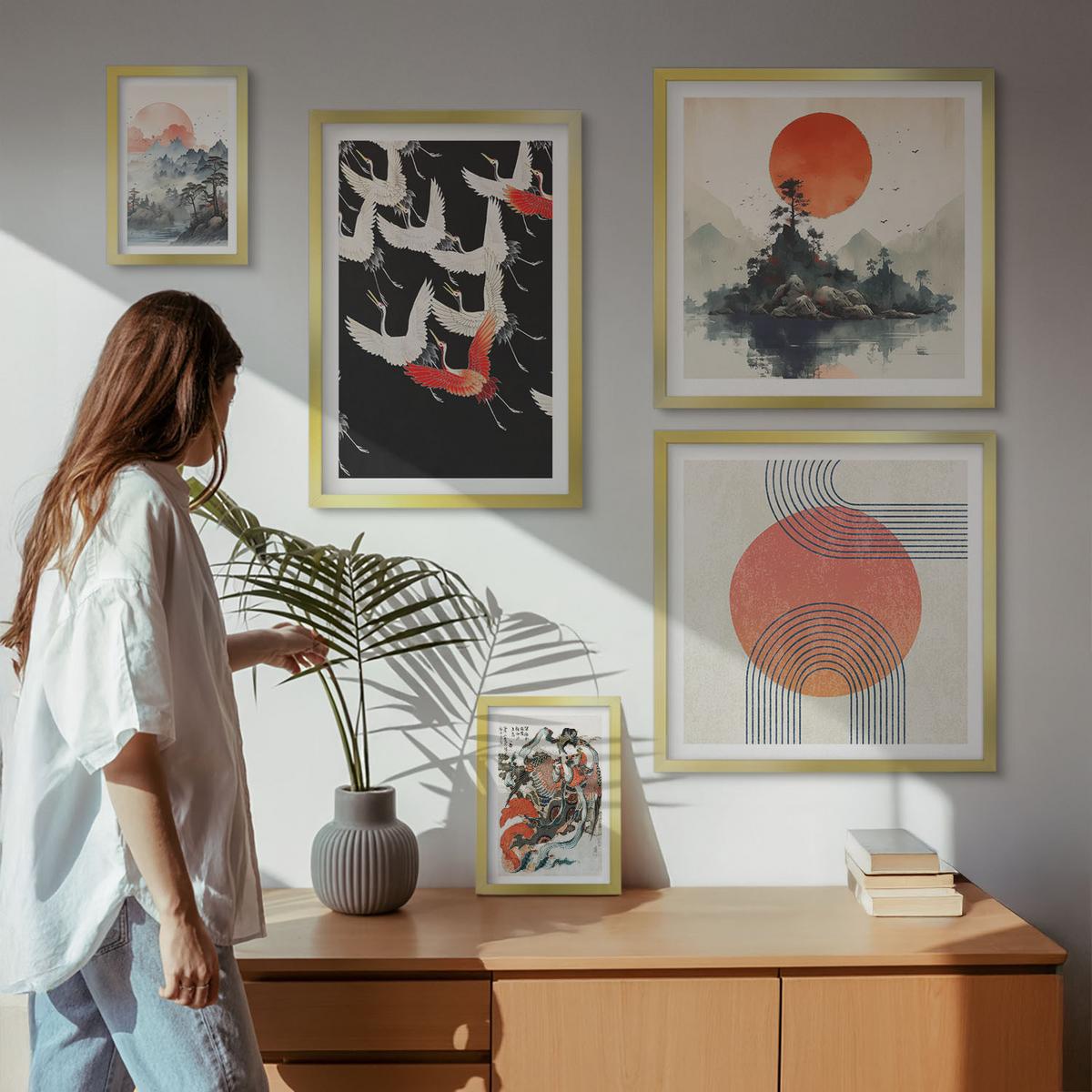 BILDER SET 5er Set - 50x50 cm & 20x30 cm & 40x60 cm Goldrahmen - Asiatische Landschaften Japandi - Goldfarben, Kunststoff (40/60cm) - TULUP