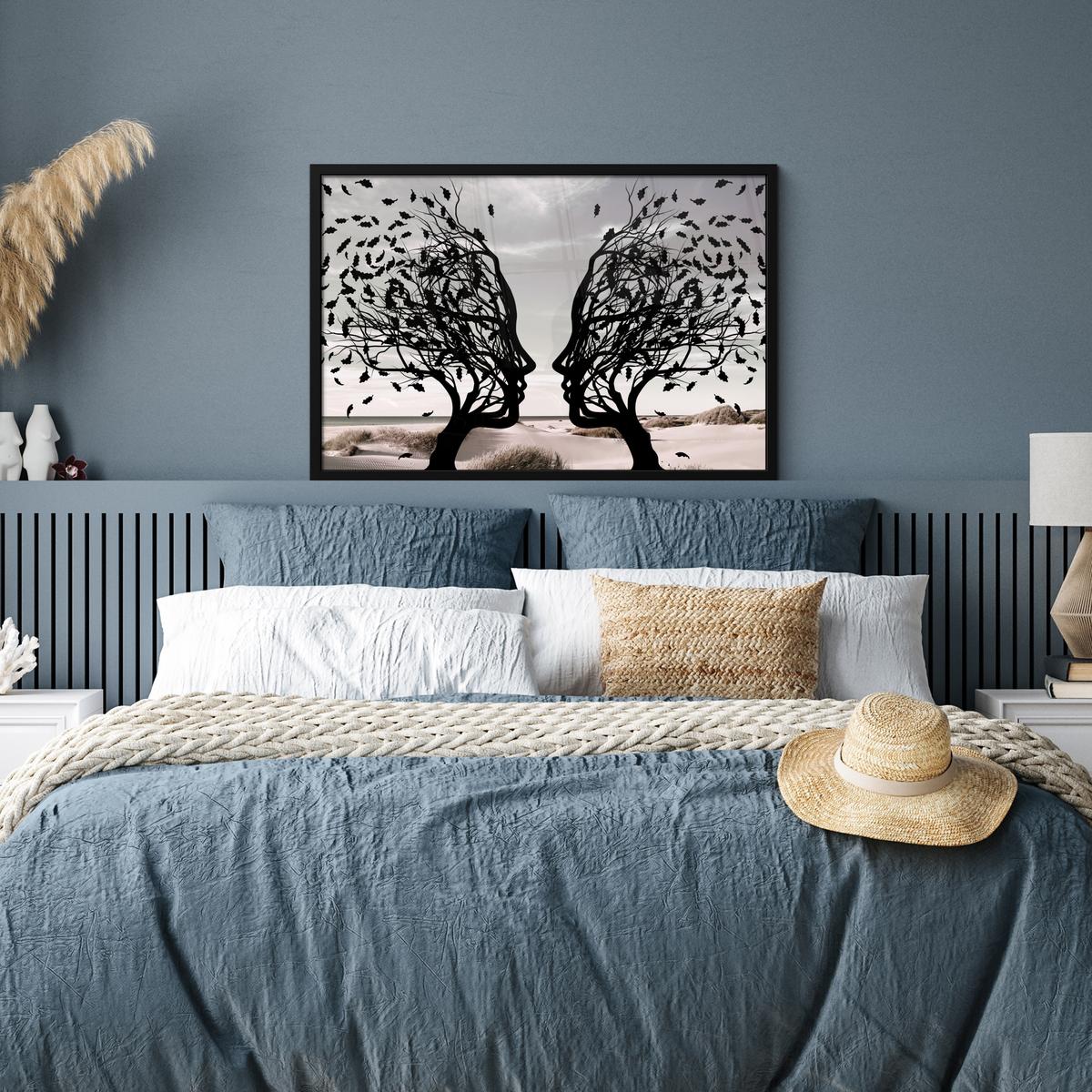 POSTER MIT RAHMENGERAHMTES BILD Strand - Meer - Menschen - Baum - Moderne Kunst 90x60 cm - Hellgrau, Papier (90/60cm) - MuchoWow