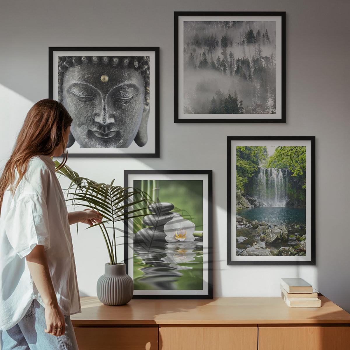 BILDER SET 4er Set - 50x50 cm & 40x60 cm Schwarzer Rahmen - Harmonie der Natur, Steine, Wasser, Buddha - Schwarz, Kunststoff (50/50cm) - TULUP