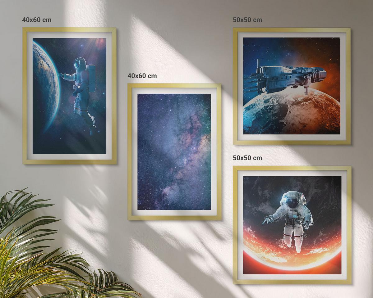 BILDER SET 4er Set - 50x50 cm & 40x60 cm Goldrahmen - Weltraum-Astronauten-Sterne - Goldfarben, Kunststoff (50/50cm) - TULUP