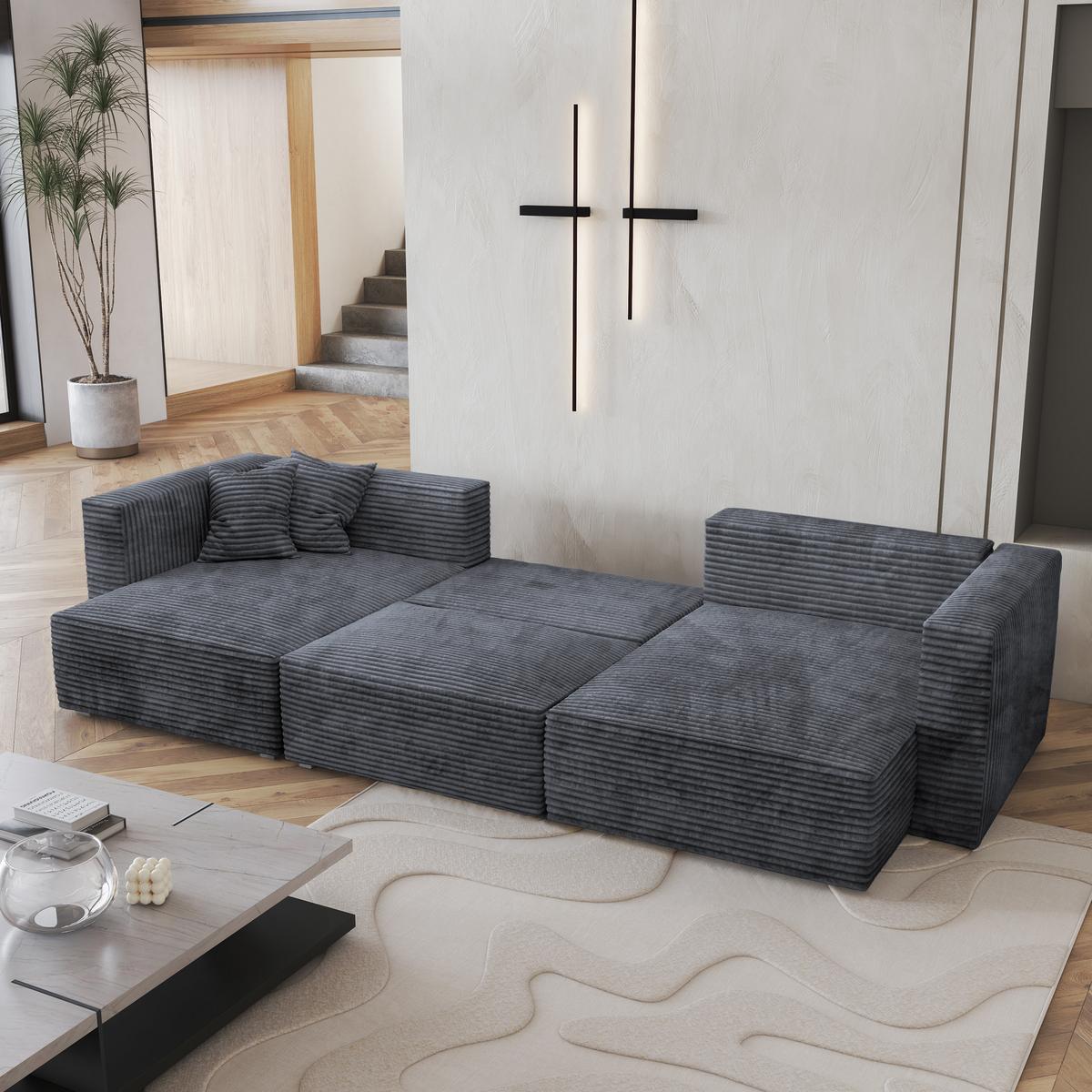 WOHNLANDSCHAFT SARMO Graphitfarben Kordstoff mit Schlaffunktion - Graphitfarben/Grau, Holz/Kunststoff (347/90/148cm) - MASSENO