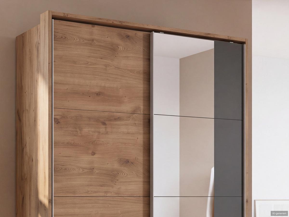 SCHWEBETÜRENSCHRANK 2-türig B138/H200/T65 cm, Passepartout-Kleiderschrank in Eiche Dekor mit Spiegel, 1x Tür & sichtbare Schubkästen in Grafit / 22685 - Eichefarben/Graphitfarben, Holz/Holzwerkstoff (138/200/65cm) - luma-home