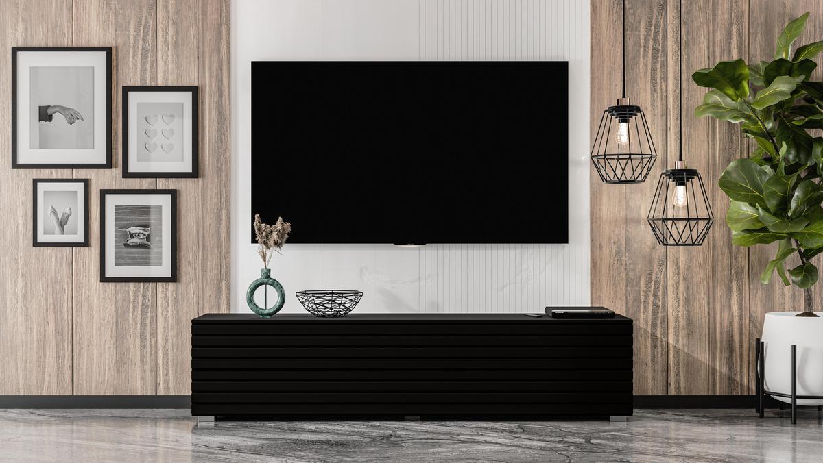 LOWBOARD ZIVOLLI 160 Schwarz, Schwarze Lamellen 160/36,5/40 cm – Hängend und Stehend - Schwarz, Holzwerkstoff/Kunststoff (160/36.5/40cm) - AX Living