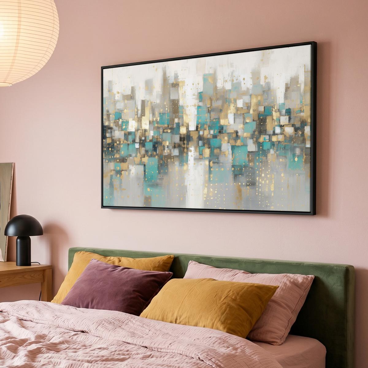 LEINWAND Bilder mit Rahmen - Abstrakt - Blöcke - Gold - Skyline - 140x90 - Beige, Textil (140/90cm) - MuchoWow