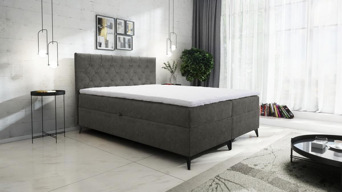 BOXBETT Palmeria 180/200 cm in Graphit – mit Bettkasten und Topper - Schwarz/Grau, Holz/Holzwerkstoff (180/200cm) - AX Living