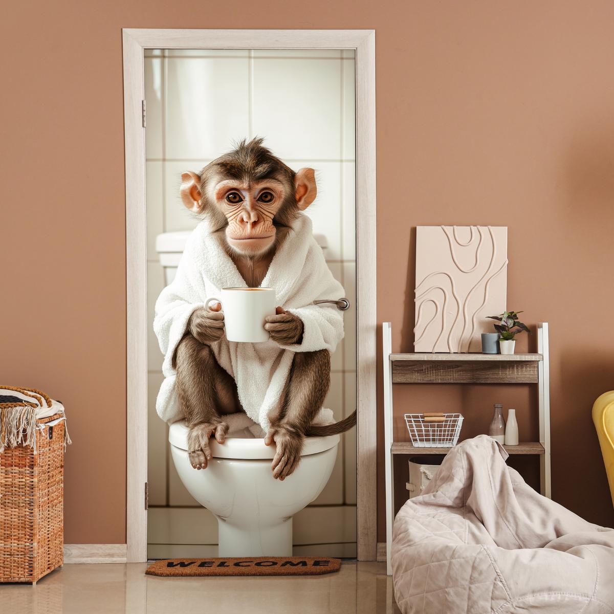 TÜRAUFKLEBER Affe - Modern - WC - Bademantel 90x215 cm - Türtapete - Rosa, Kunststoff (90/0.1cm) - MuchoWow