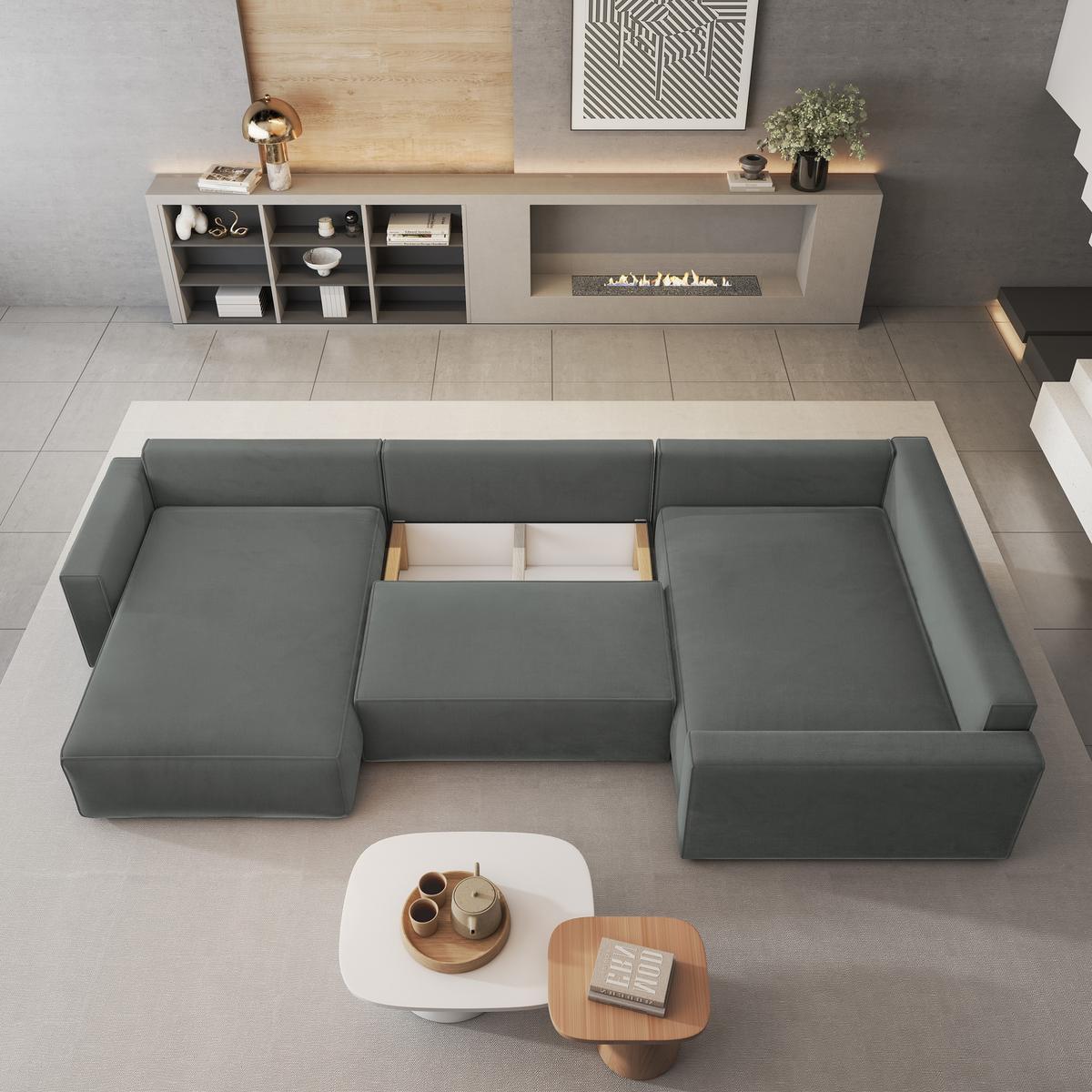 WOHNLANDSCHAFT VELAMI R-S Grau Velours-Stoff mit Schlaffunktion - Grau, Holz (365/83/194cm) - MASSENO
