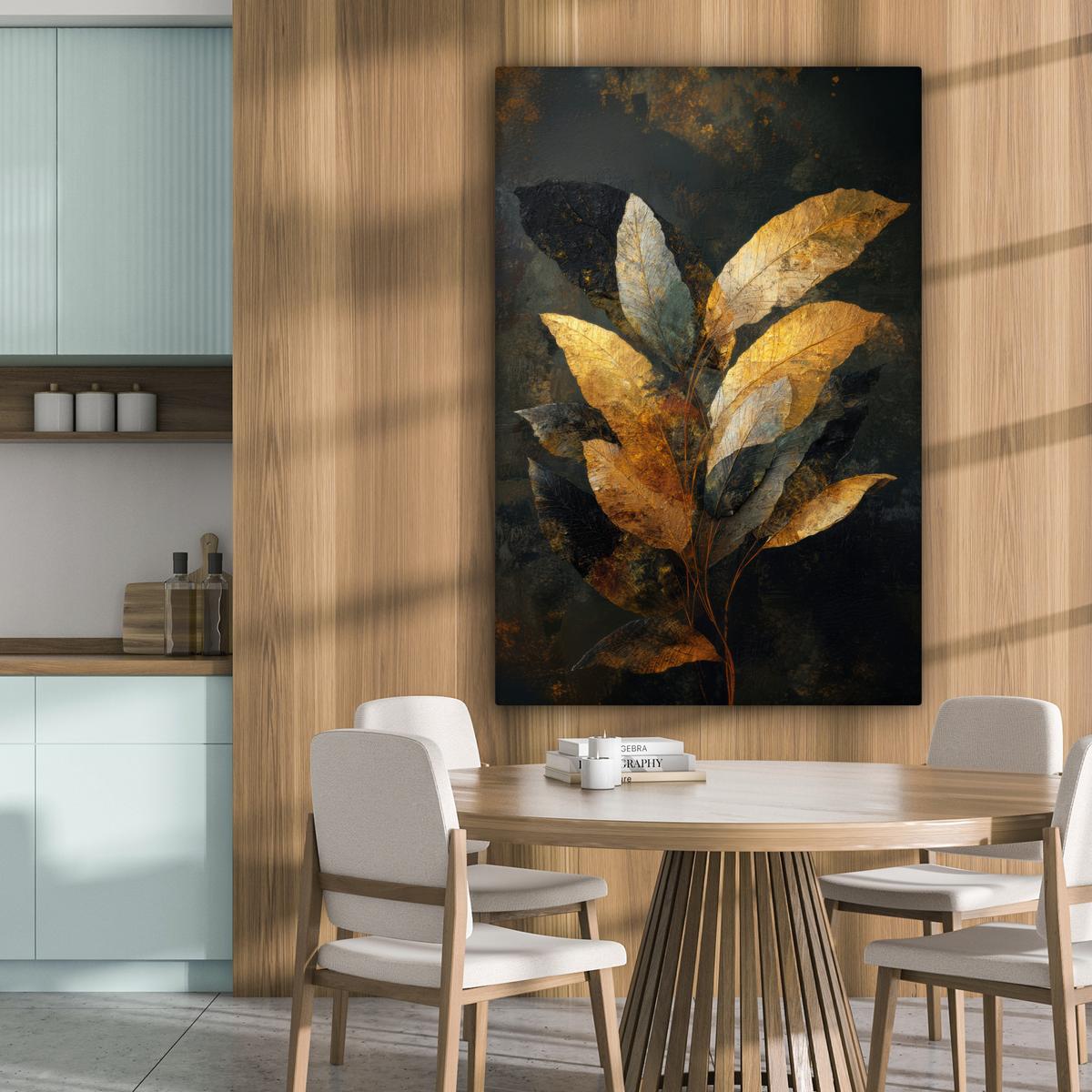 LEINWANDBILD Golden Leaf Komposition - Botanical Luxury Deko Groß 90x140 cm - Goldfarben/Schwarz, Textil (90/140cm) - MuchoWow