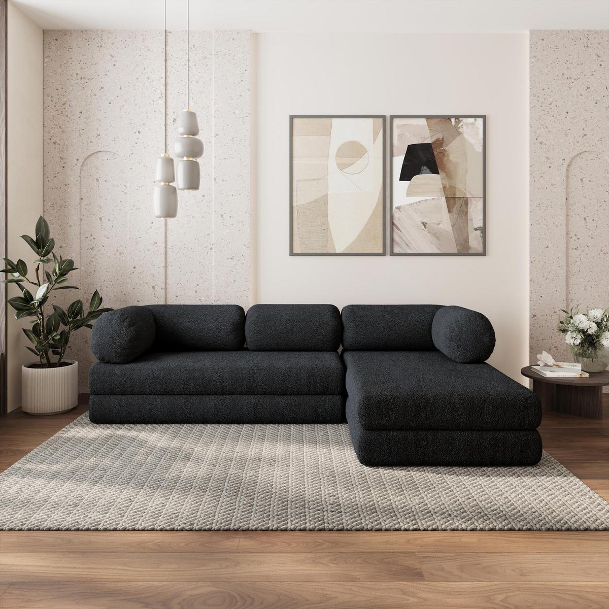 ECKSOFA KELI modulares Boneless Sofa mit Schlaffunktion Schwarz Boucle-Stoff - Schwarz, Textil (270/160cm) - MASSENO