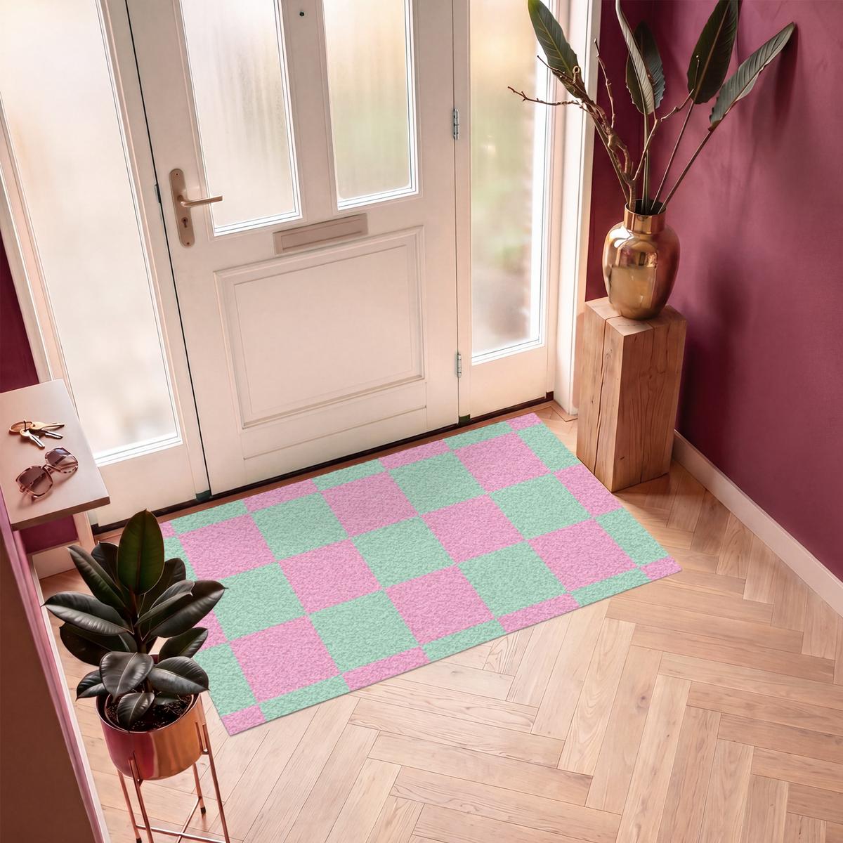 FUSSMATTE Schachbrettmuster - Grün - Rosa - Würfel Fußabtreter 150x90 cm - Mintgrün, Kunststoff (150/0.4cm) - MuchoWow