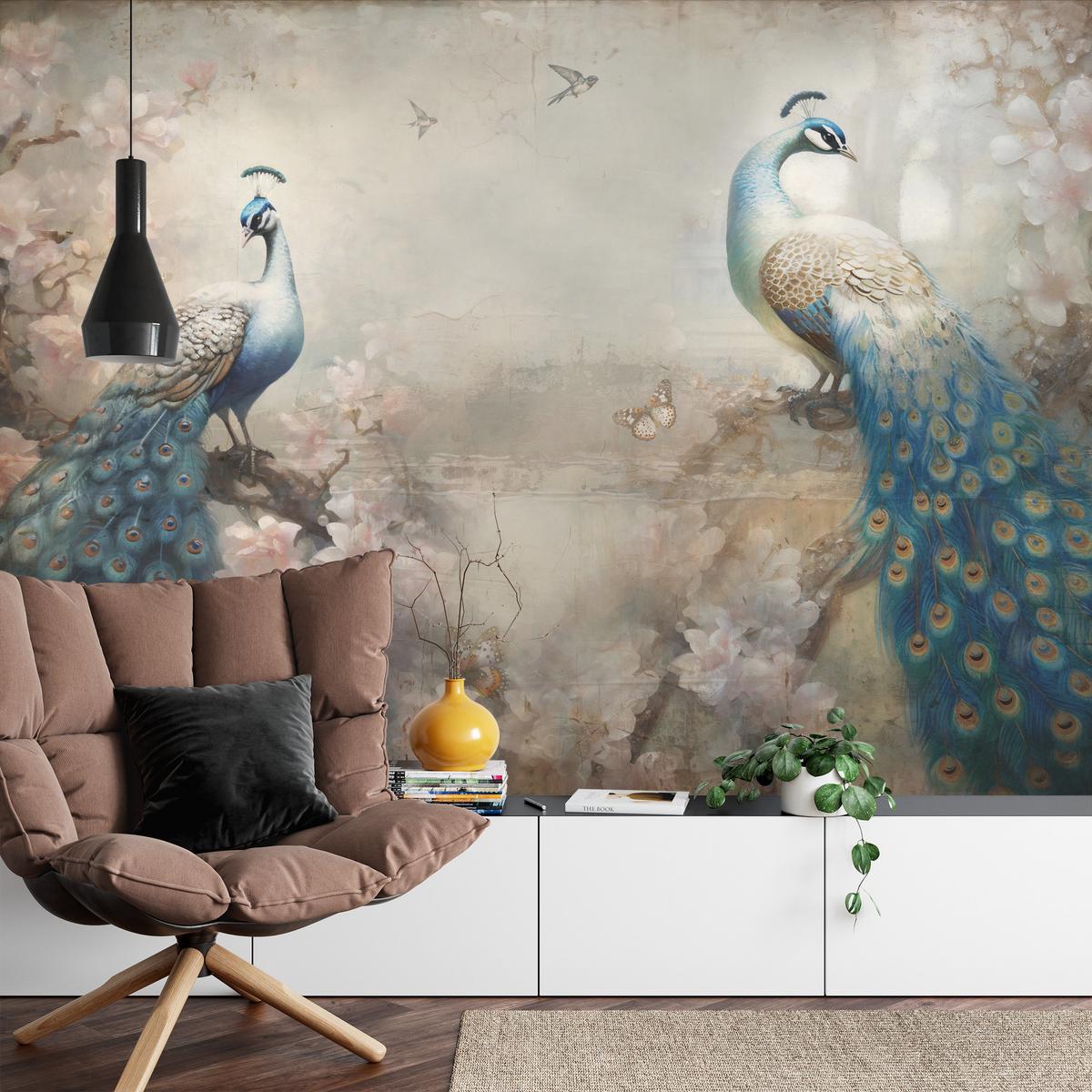 FOTOTAPETE Abstrakte Pfauen Blumen Beton Vintage 450x315 - Blau/Beige, Papier (450/315cm) - Muralo