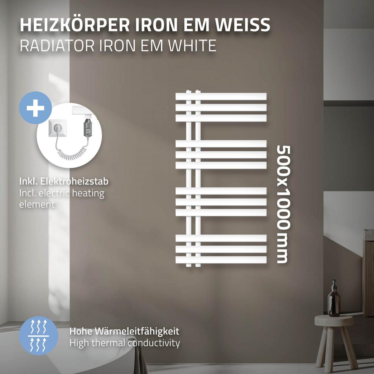 BADHEIZKÖRPER elektrisch Iron EM 500x1000 mm Weiß mit Heizstab 300W - Weiß, Metall (50/100/3cm) - LuxeBath