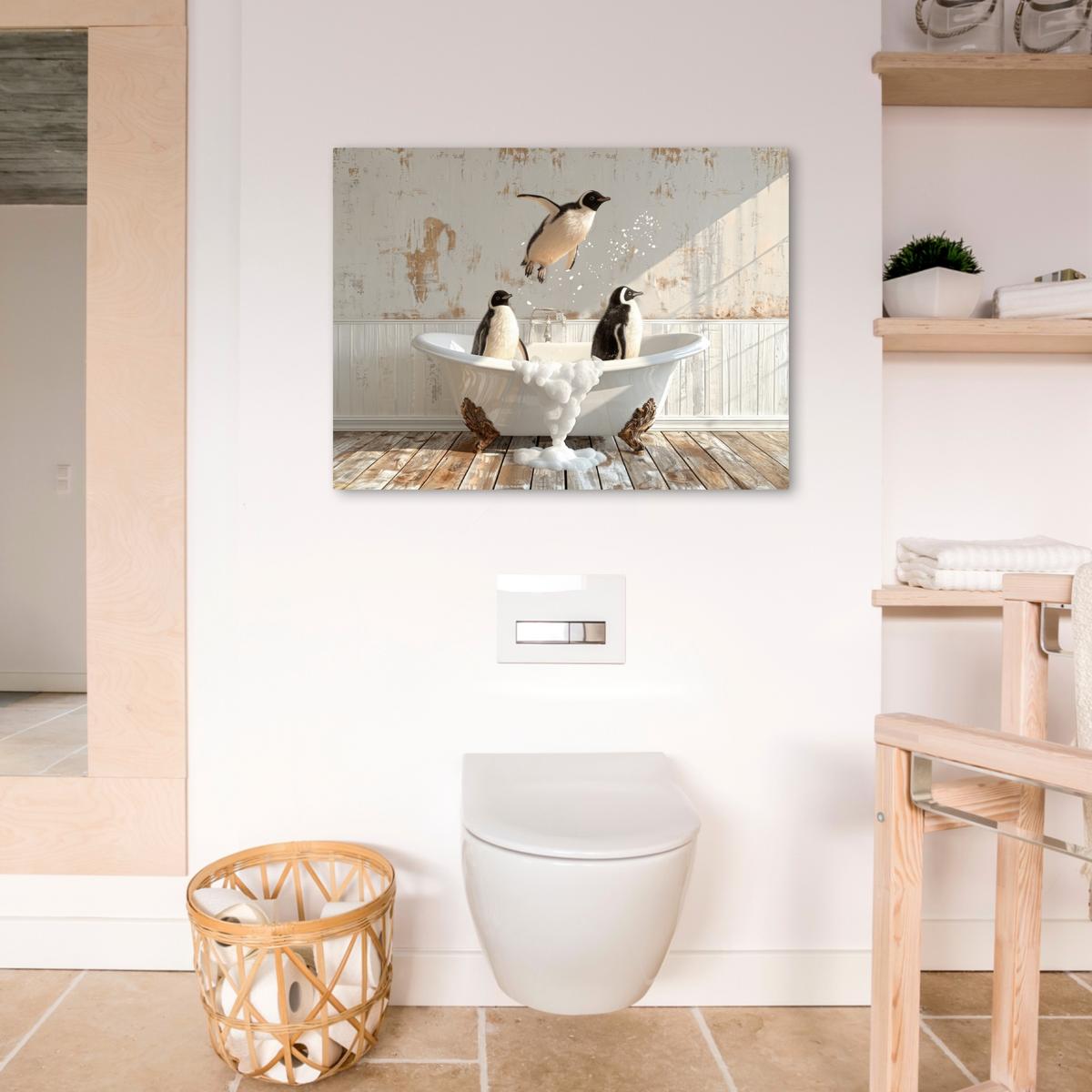 LEINWANDBILD Vintage - Pinguin - Badewanne - Schaumstoff Wandbilder 80x60 cm - Schwarz, Textil (80/60cm) - MuchoWow