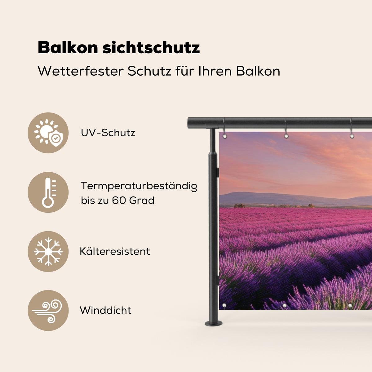 BALKON-SICHTSCHUTZ Lavendelfeld - Sonnenuntergang - Lila - Blumen Windschutz 300x100 cm - Violett, Kunststoff (300/100cm) - MuchoWow