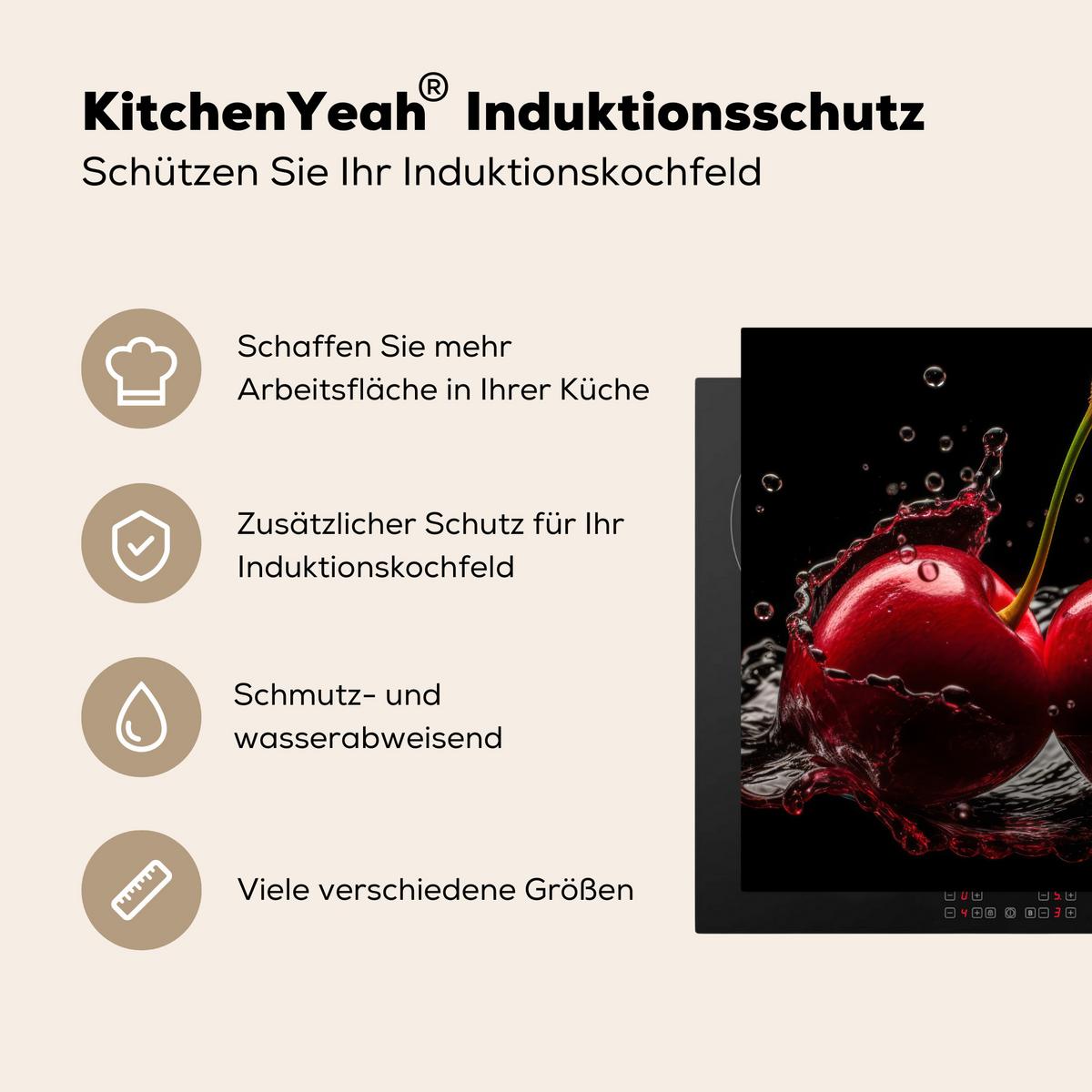 HERDABDECKPLATTE Kirsche - Rot - Frucht - Wasser - Schwarz Induktionsmatte 78x78 cm - Kirschrot, Kunststoff (78/78/0.2cm) - MuchoWow