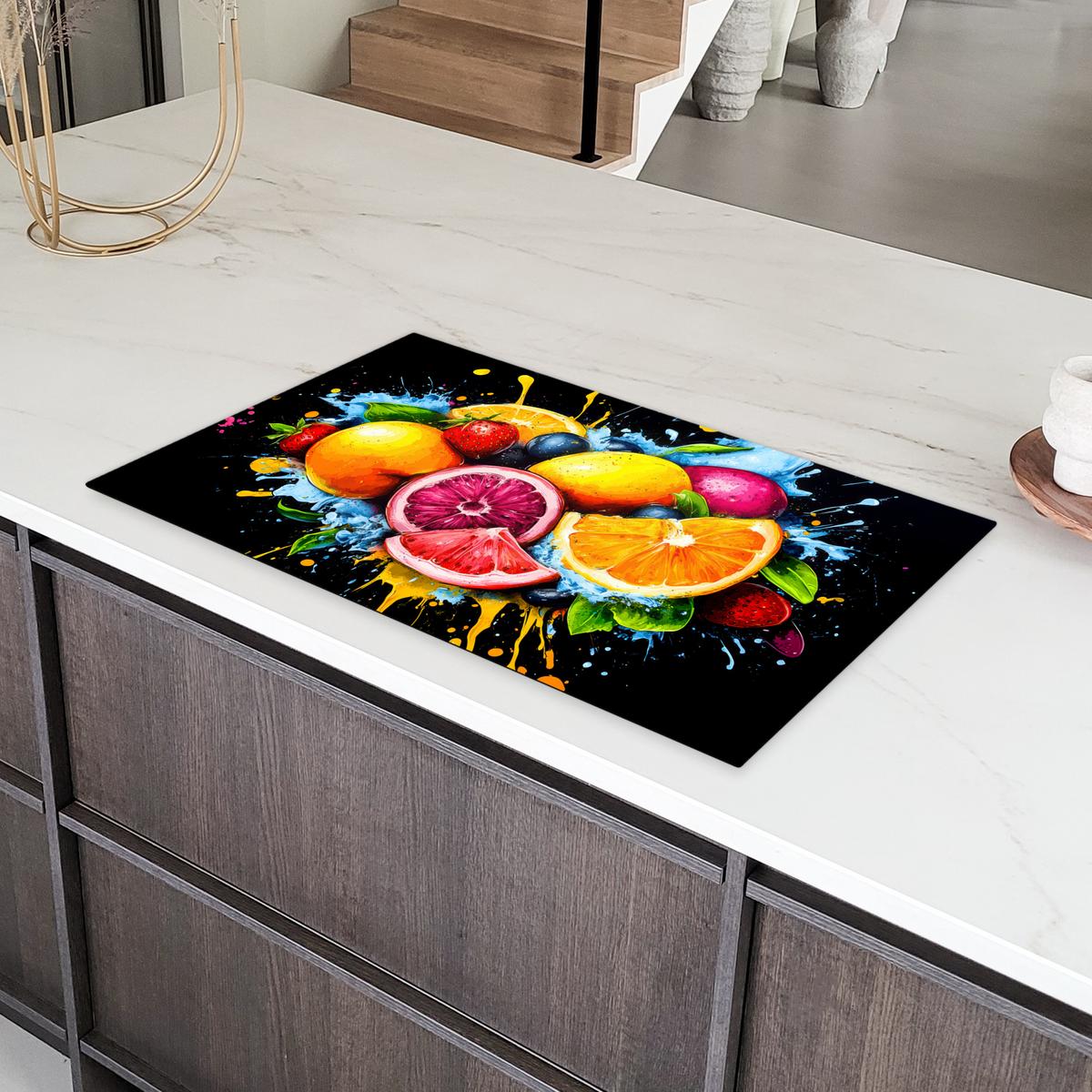 HERDABDECKPLATTE Obst - Graffiti - Bunt - Orange - Erdbeere - Abstrakt Ceranfeldabdeckung 90x52 cm - Orange, Kunststoff (90/52/0.2cm) - MuchoWow