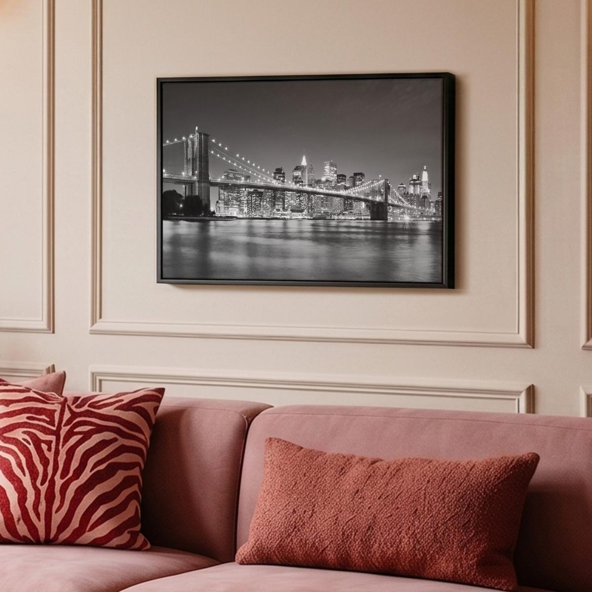LEINWAND Bilder mit Rahmen - New York - Brücke - Brooklyn - Schwarz und weiß - Architektur - 60x40 - Schwarz, Textil (60/40cm) - MuchoWow