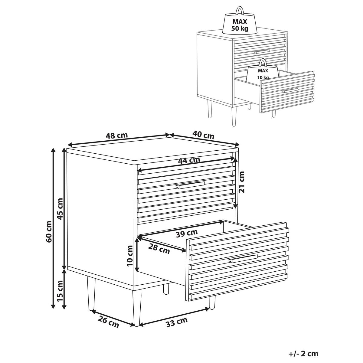 NACHTTISCH mit 2 Schubladen Dunkelbraun Keith - Braun, Holzwerkstoff (40/48/60cm) - Beliani