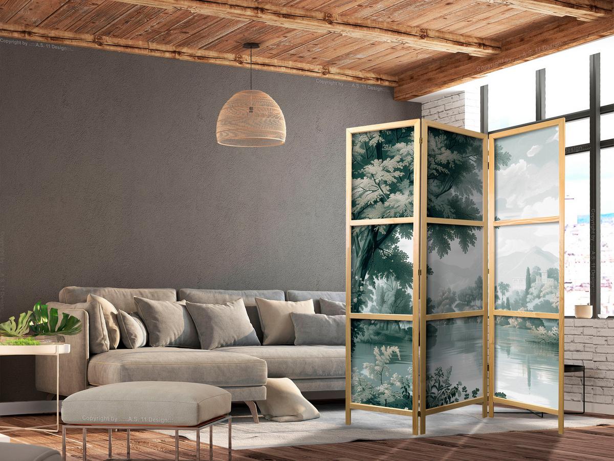 PARAVENT Japanischer 3-tlg 135x172 cm Gr ne Landschaft - Grün, Holz/Textil (135/172/3cm) - Muralo