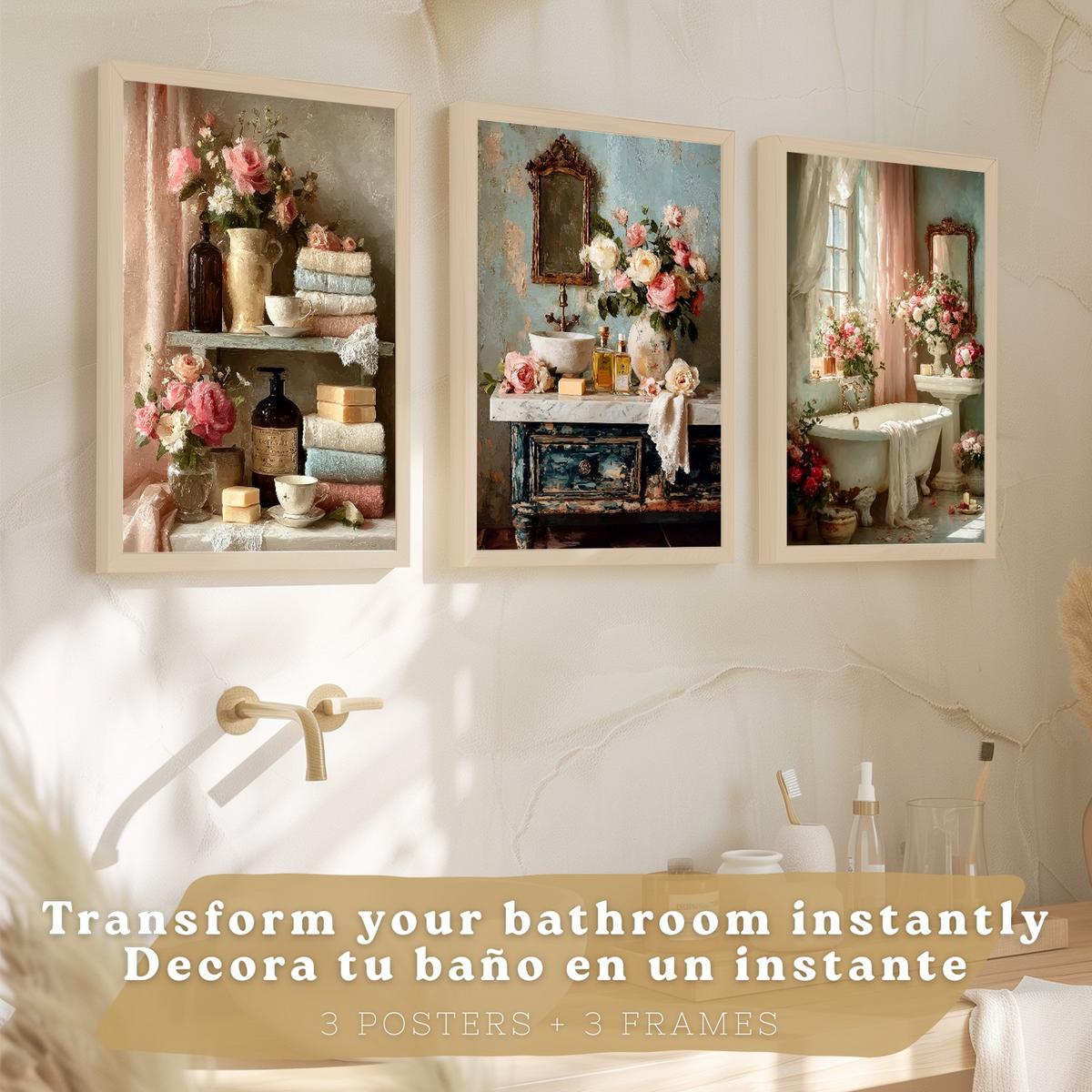 POSTER 3er-Set dekorative Badezimmerdrucke, romantischer Stil, Bilder mit Rosen Badewanne und Parfums, Blumenposter, Leichter Holzrahmen A3 - Beige, Papier (42/29.7/3cm) - Nacnic