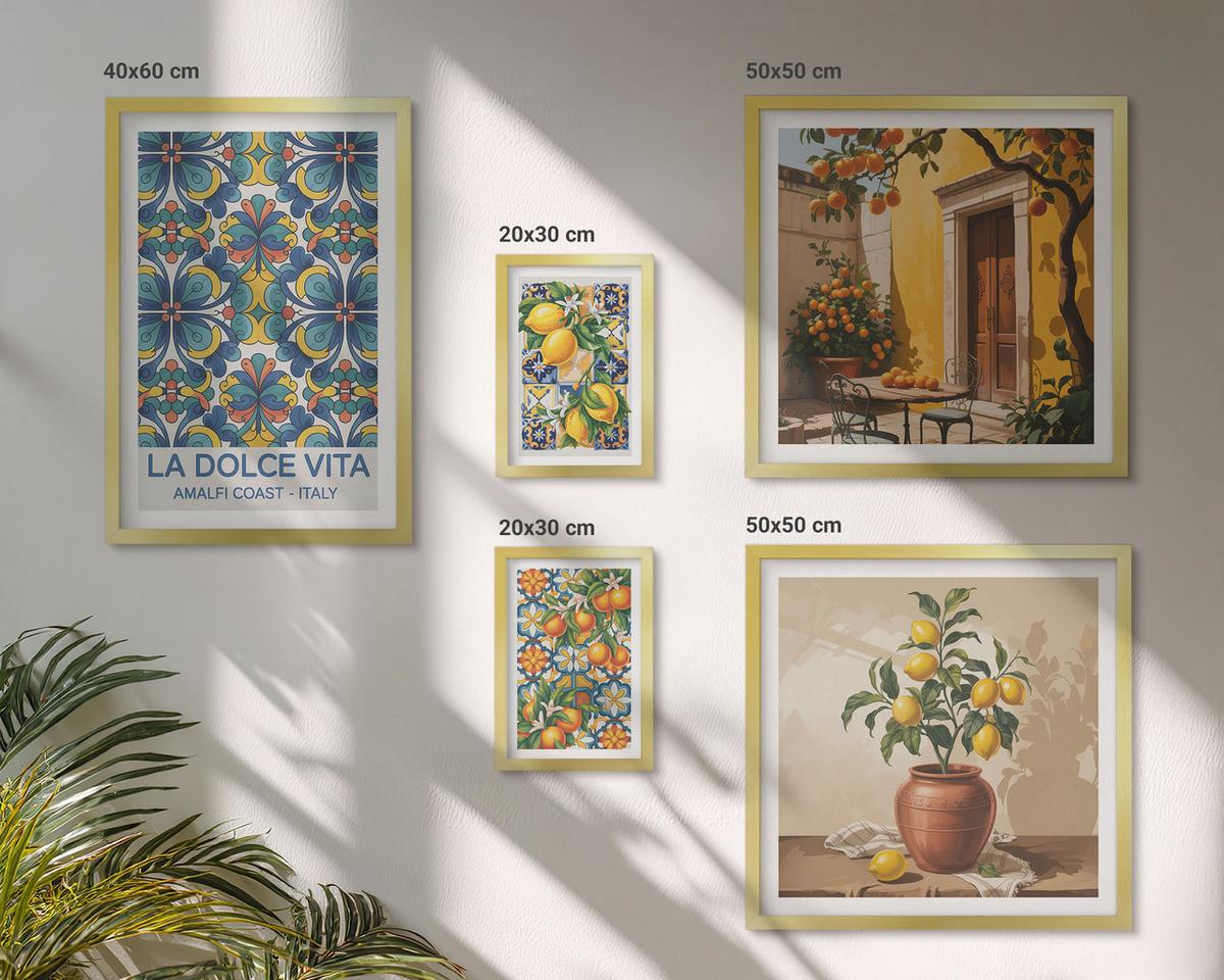 BILDER SET 5er Set - 50x50 cm & 20x30 cm & 40x60 cm Goldrahmen - Zitronen, Blumen, Orangen, Italien - Goldfarben, Kunststoff (40/60cm) - TULUP