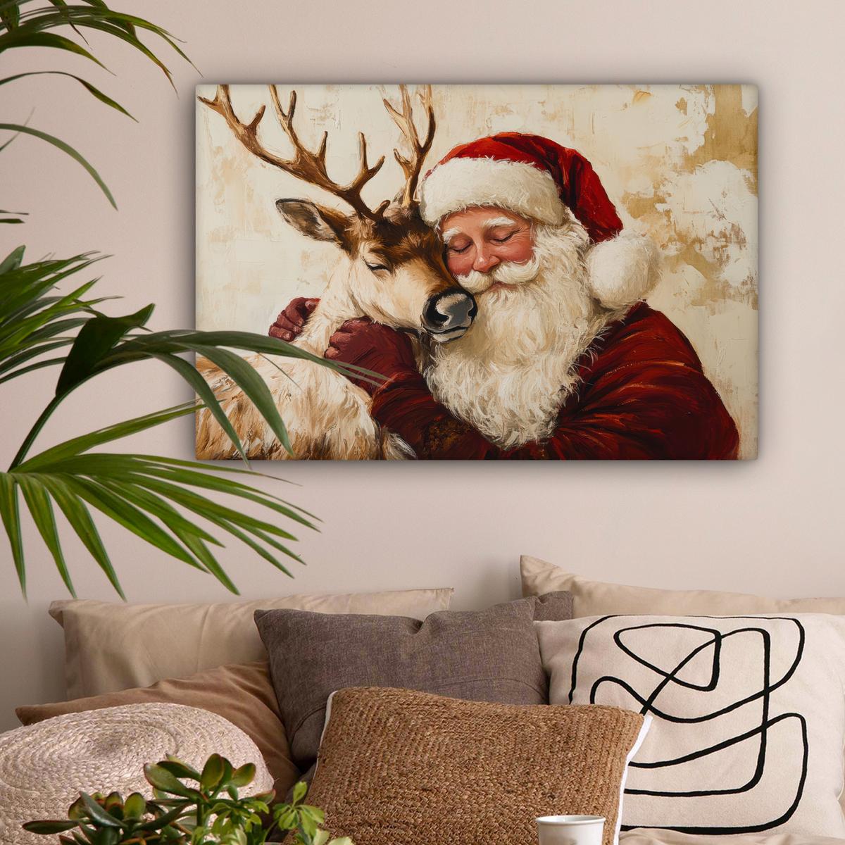 LEINWANDBILD Weihnachtsmann - Rentier - Weihnachten Gemälde 60x40 cm - Rotbraun, Textil (60/40cm) - MuchoWow