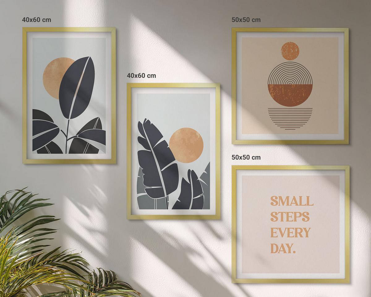BILDER SET 4er Set - 50x50 cm & 40x60 cm Goldrahmen - Pflanzenmuster große minimalistische Sonnen - Goldfarben, Kunststoff (50/50cm) - TULUP