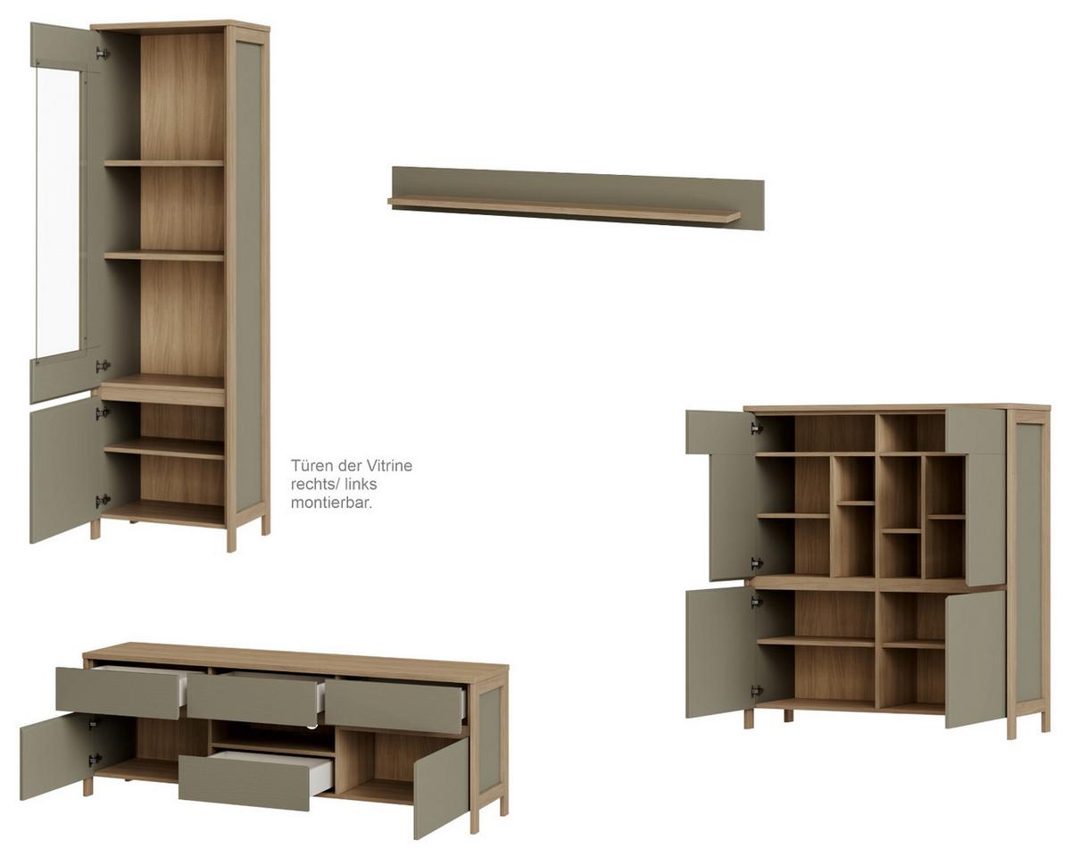 WOHNWAND Salbei grün, Eiche, Schrankwand skandinavisch 4-teilig 360 cm, Soft-Close - Salbeigrün/Eichefarben, Holzwerkstoff/Metall (363/195/39cm) - Furn.Design