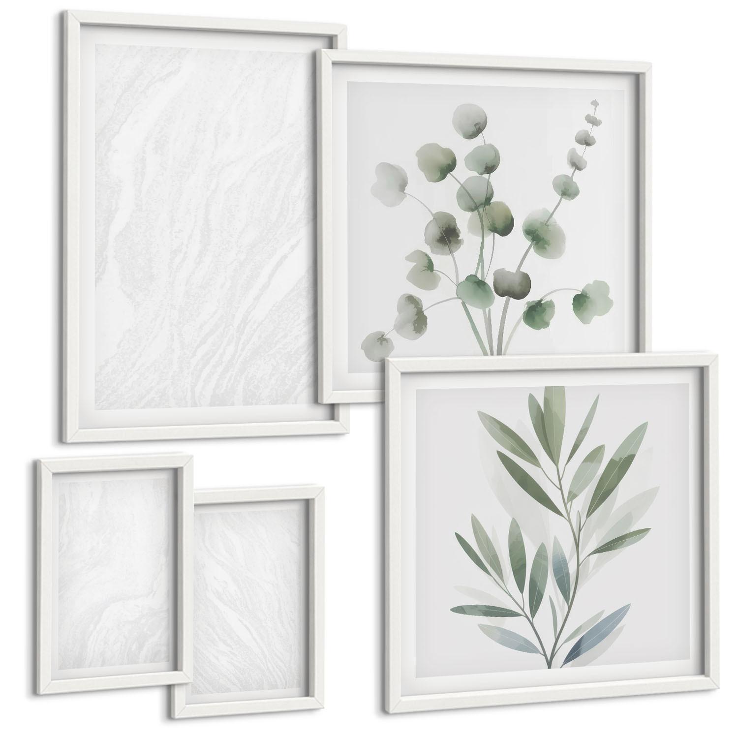BILDER SET 5er Set - 50x50 cm & 20x30 cm & 40x60 cm Weißer Rahmen - Marmorstruktur, pastellfarbene Zweige - Weiß, Kunststoff (40/60cm) - TULUP