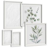 BILDER SET 5er Set - 50x50 cm & 20x30 cm & 40x60 cm Weißer Rahmen - Marmorstruktur, pastellfarbene Zweige - Weiß, Kunststoff (40/60cm) - TULUP