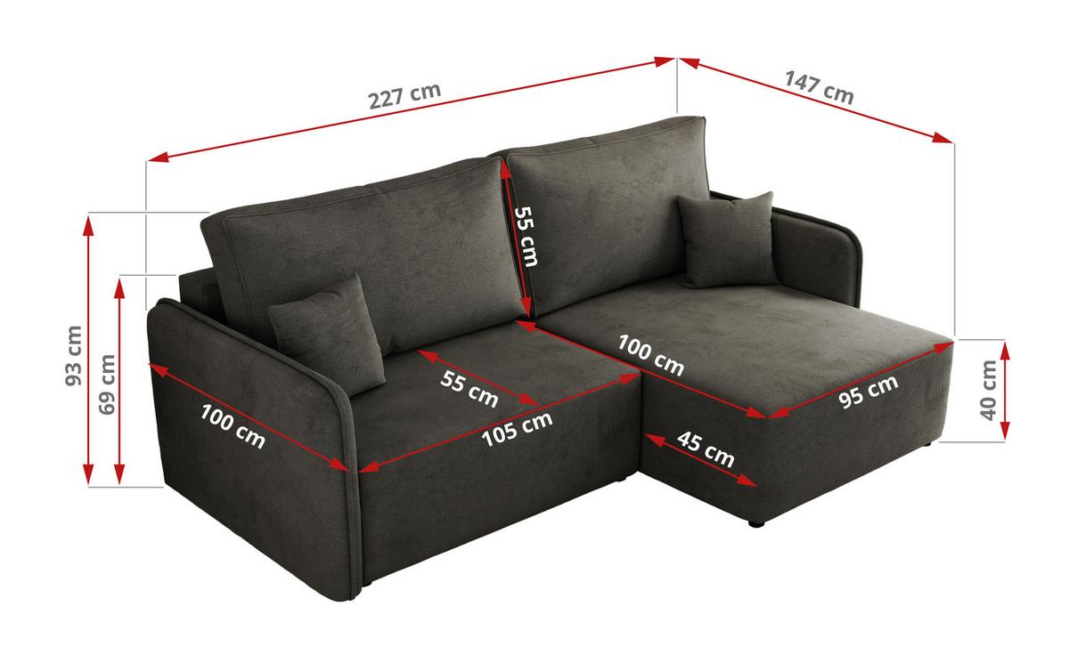 ECKSCHLAFSOFA MESTO L Dunkelgrau Velvet - links - Dunkelgrau/Schwarz, Kunststoff/Textil (227/147cm) - MKS