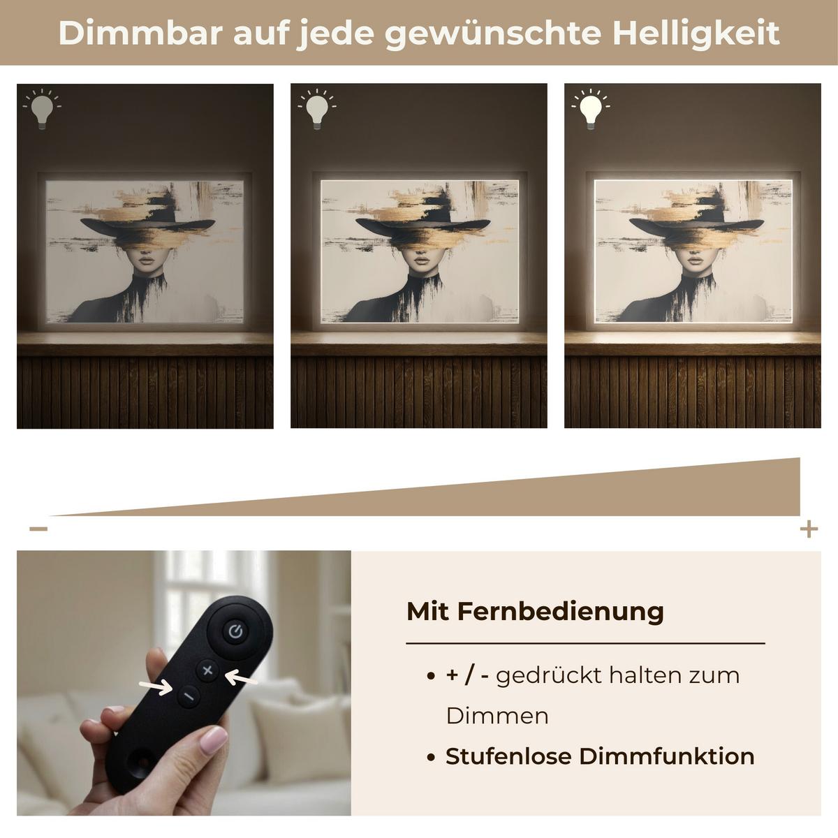 WANDLEUCHTE MIT AKKU Frau - Hut - Farbe 40x30 cm - Creme, Holzwerkstoff (40/30/8cm) - OnlyWow