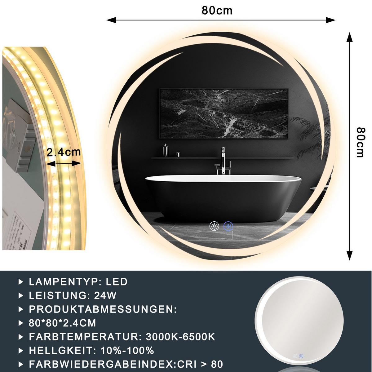 BADEZIMMERSPIEGEL Redick mit LED-Leuchte Ø80 cm - Weiß, Glas (80/2.4/80cm) - Nettlife