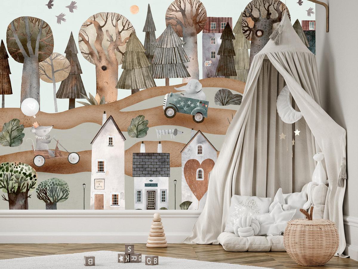 FOTOTAPETE für Kinderzimmer Fantastische Stadt Häuser Wald Tiere Autos 300x210 - Beige/Braun, Papier (300/210cm) - Muralo