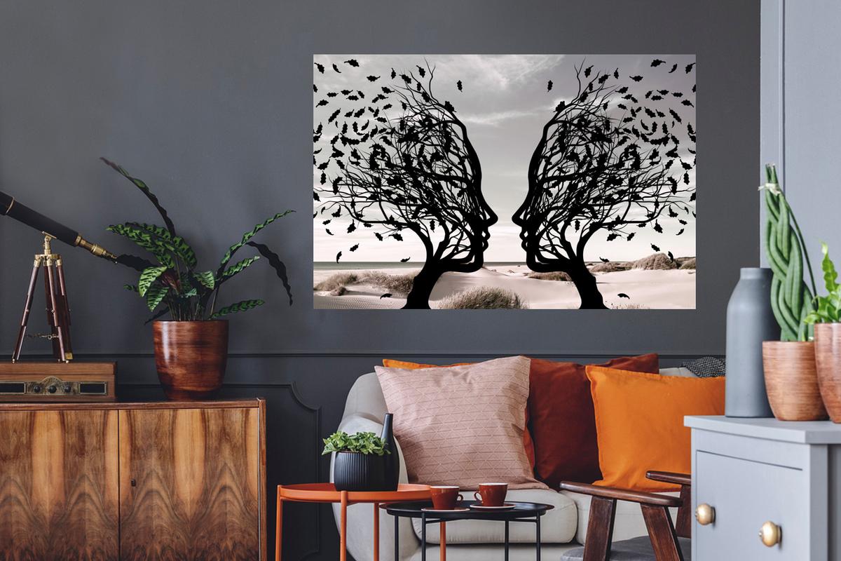 WANDTATTOO Strand - Meer - Menschen - Baum - Moderne Kunst Wandsticker 120x80 cm - Hellgrau, Kunststoff (120/80/0.1cm) - MuchoWow
